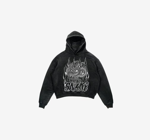 Sn4ke Washed Black Hoodie Flaming Snake - SN4KE CLOTHING